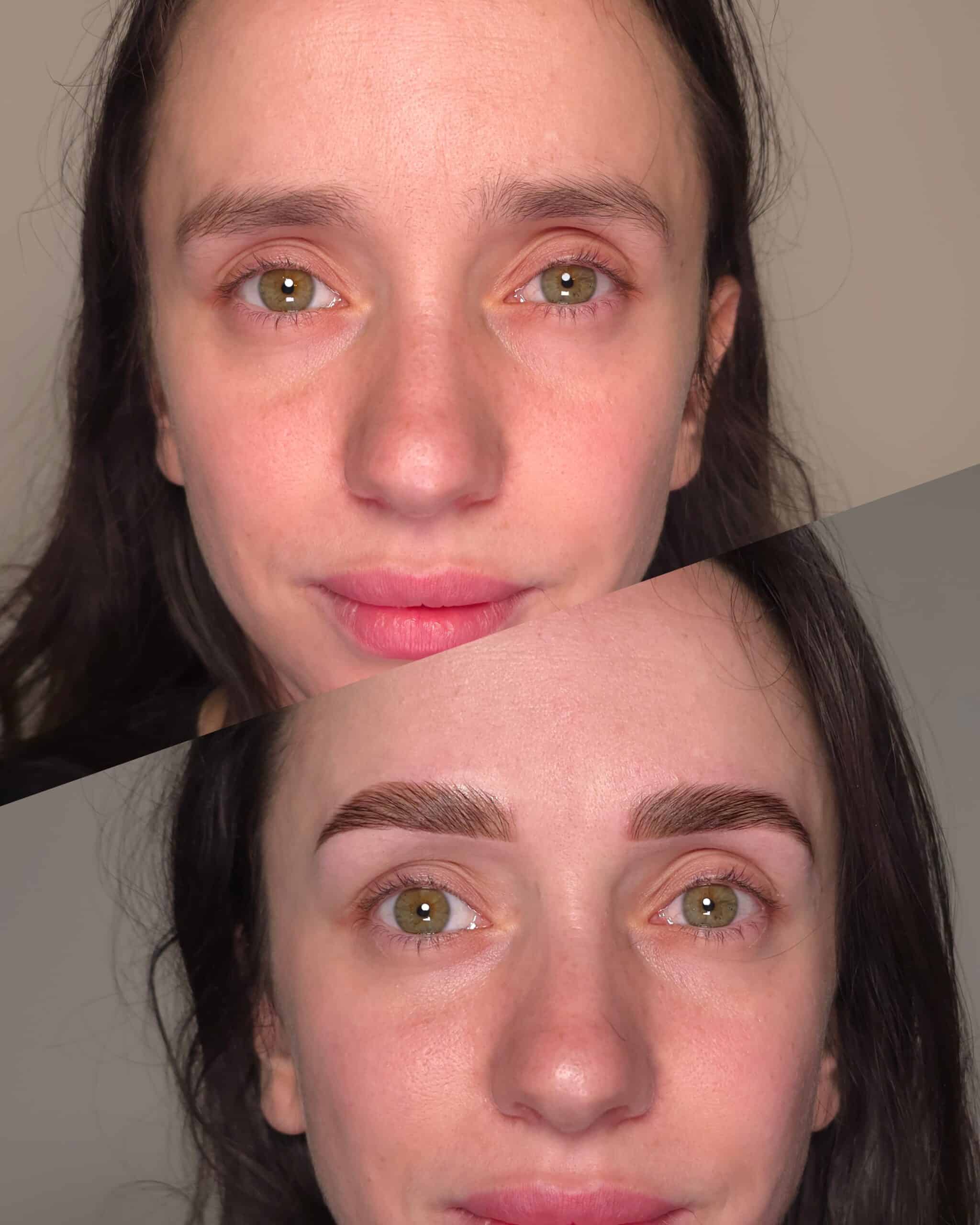 Brwi przed i po laminacji – porównanie efektu w Krakowie.