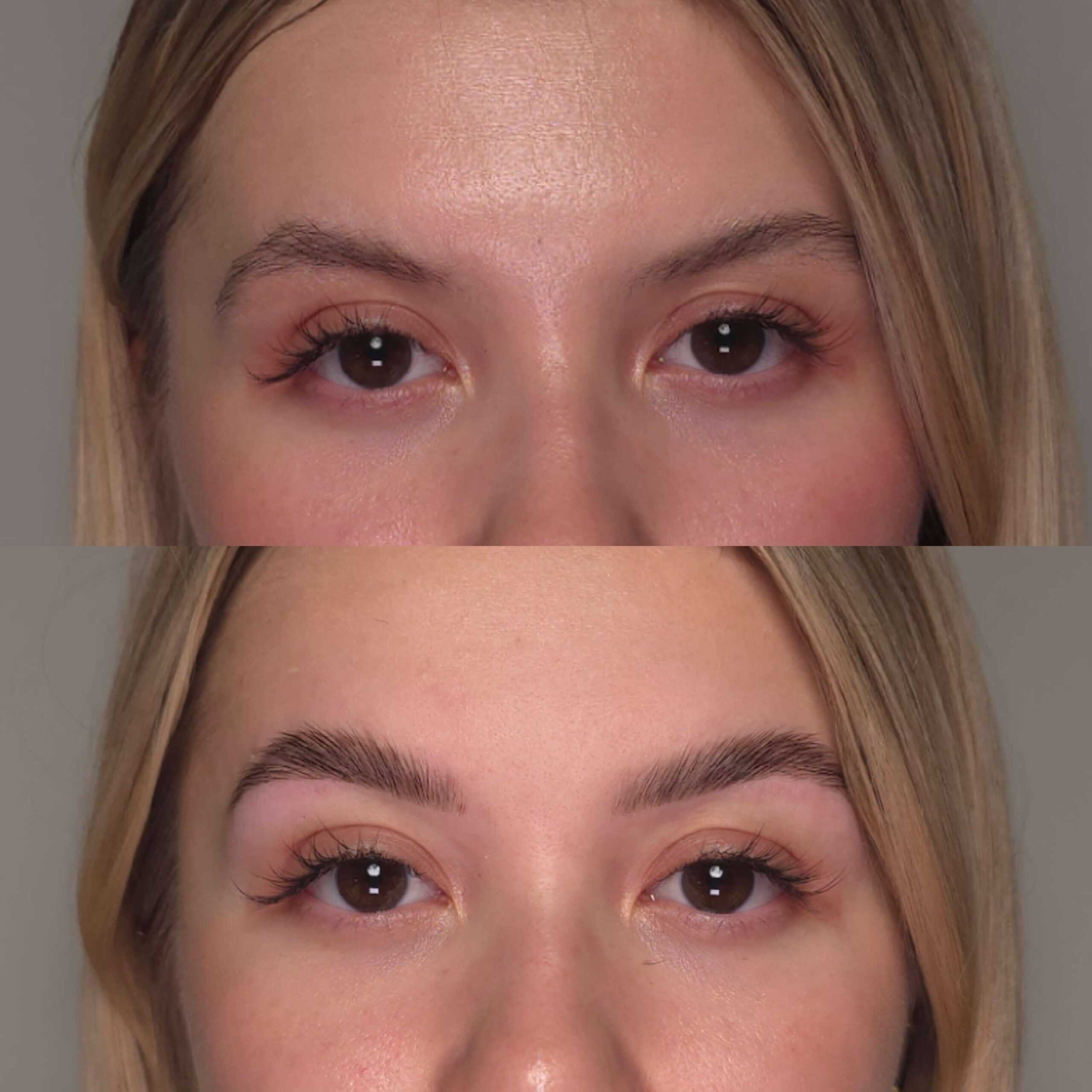 Efekt przed i po stylizacji brwi – naturalna metamorfoza wykonana w Krakowie.