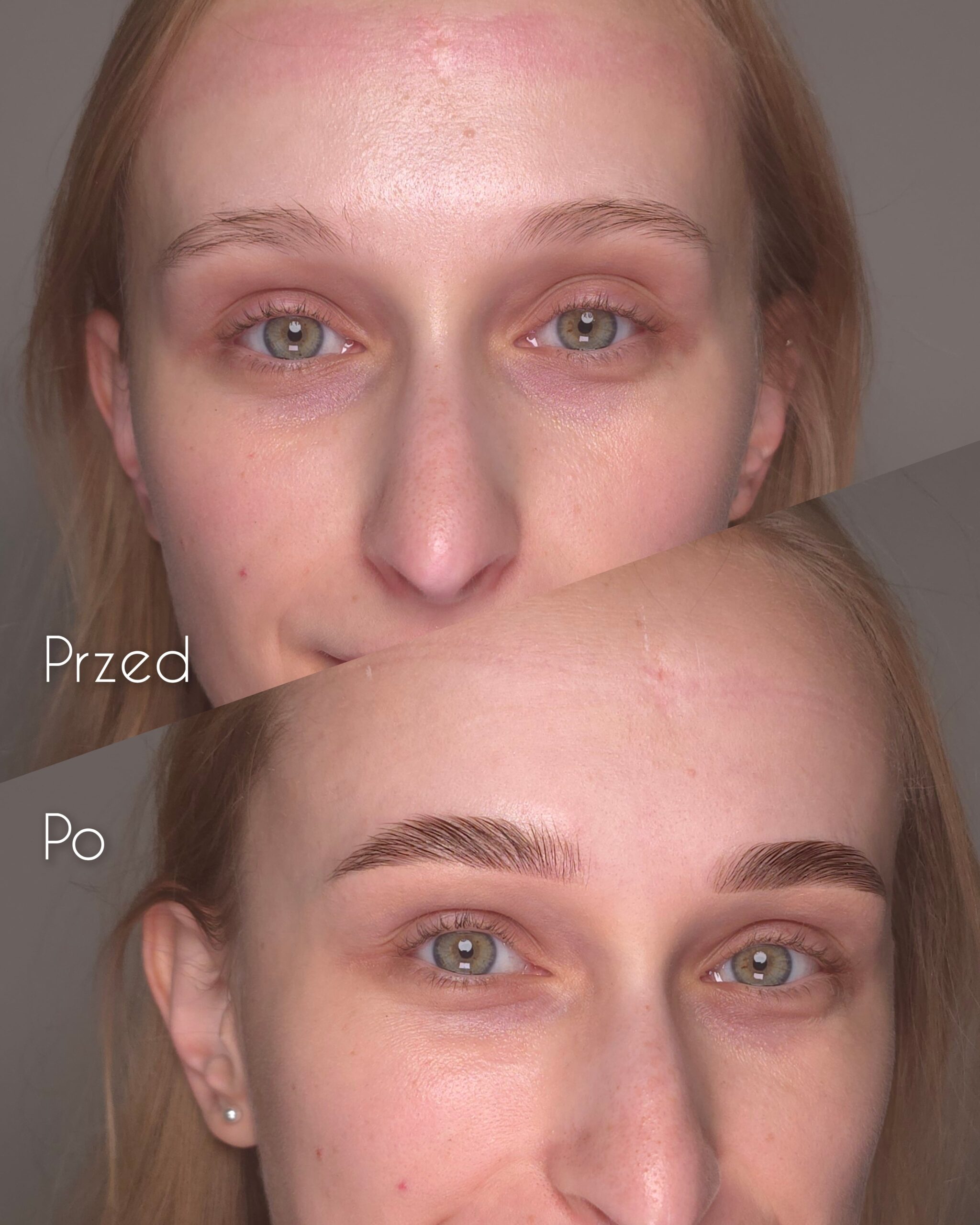 Stylizacja brwi dla blondynki w Krakowie – jasne, miękkie podkreślenie.