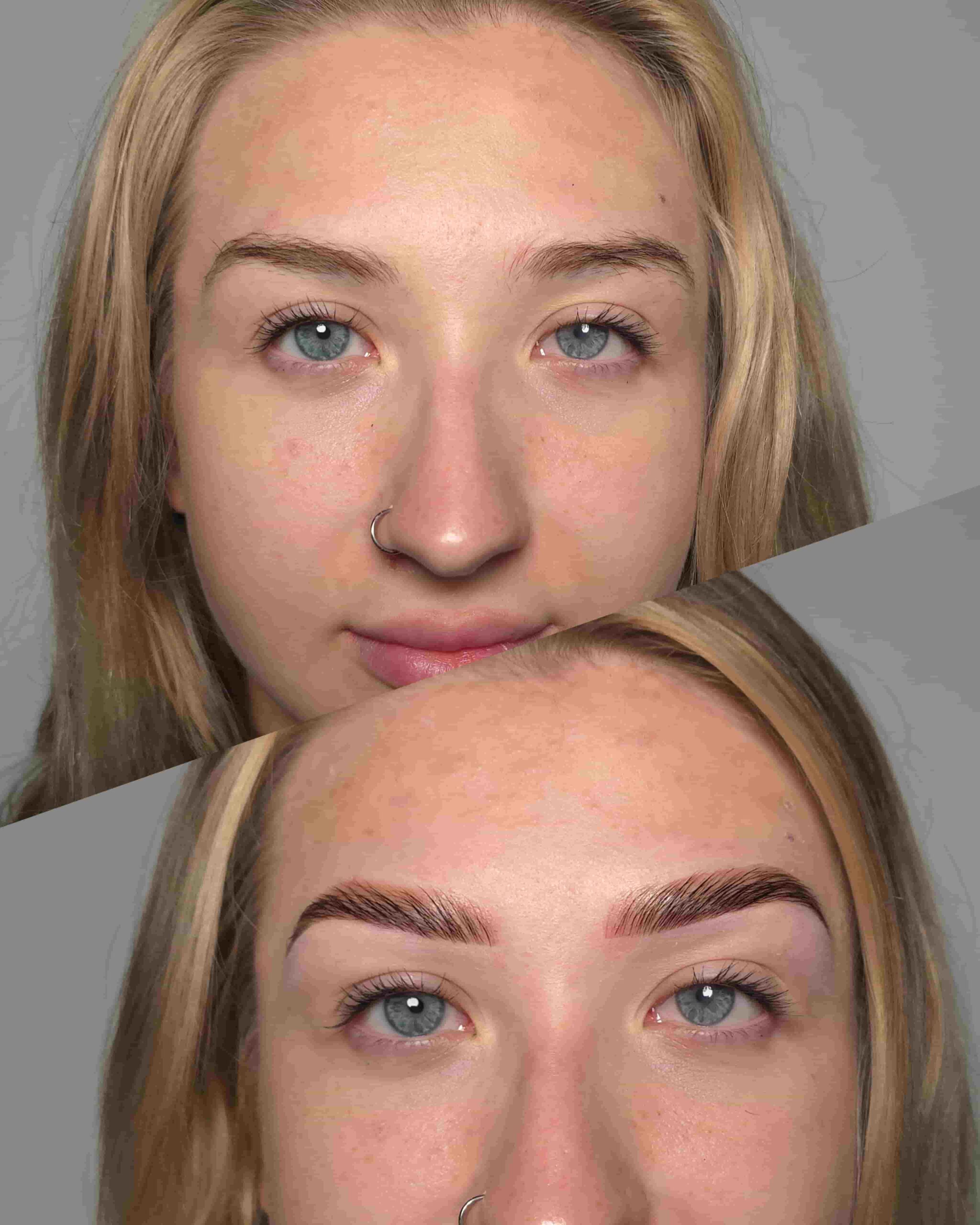 Gęstsze, pełniejsze brwi po laminacji i koloryzacji.